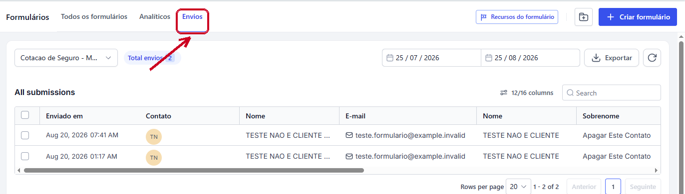 A aba Envios, com a lista de respostas recebidas