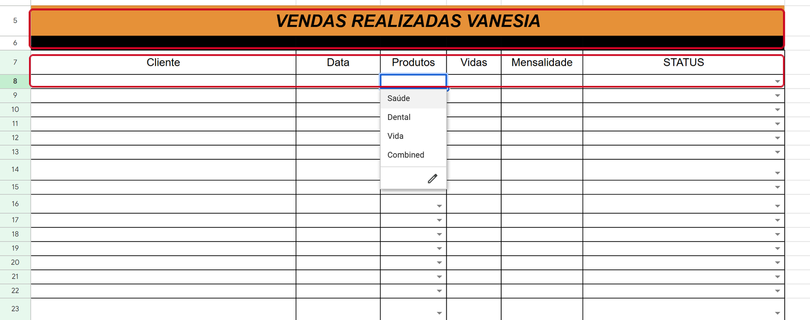O bloco de vendas, com a faixa do vendedor e a linha de títulos