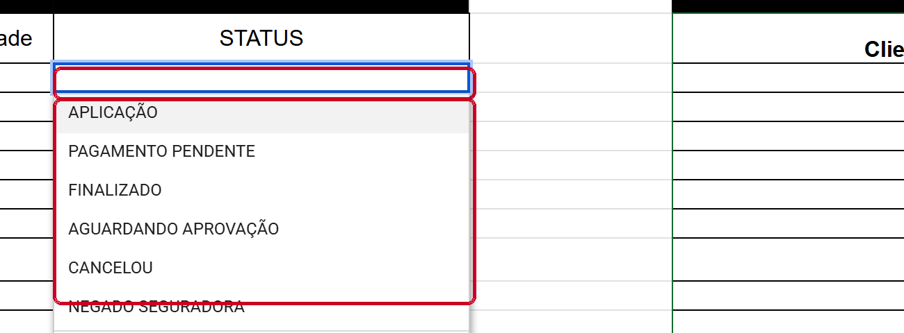 A lista de STATUS aberta, com as seis opções